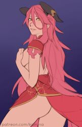 Rule 34 | 1girl, ass, covering breasts, covering privates, dragalia lost, horns, kalruna, mym (dragalia lost), pink hair, yellow eyes