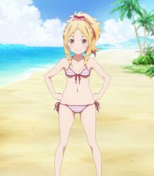 Rule 34 | 10s, 1girl, beach, bikini, blonde hair, blush, breasts, brown eyes, cleavage, cloud, day, eromanga sensei, hand on own hip, highres, long hair, looking at viewer, navel, palm tree, ponytail, screencap, small breasts, smile, solo, standing, striped bikini, striped clothes, swimsuit, tree, yamada elf