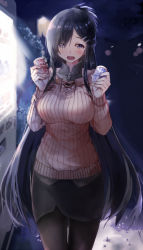 Rule 34 | 1girl, black hair, black pantyhose, blue eyes, blurry, blush, breasts, can, daidou (demitasse), depth of field, folded hair, hair ornament, hair over one eye, hairclip, highres, holding, holding can, hood, hood down, hooded sweater, large breasts, long hair, long sleeves, looking at viewer, night, night sky, open mouth, original, outdoors, pantyhose, sidelocks, skirt, sky, solo, striped, sweater, vending machine, vertical stripes, very long hair, zipper