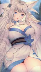 Rule 34 | 1girl, :d, absurdres, animal ears, blue eyes, breasts, cleavage, commission, cowboy shot, fang, fox ears, fox tail, fur (clothing), highres, indie virtual youtuber, japanese clothes, kimono, large breasts, looking at viewer, mekonu (mknn), mole, mole on breast, mole under eye, open mouth, sakae izumi, second-party source, sidelocks, skeb commission, smile, solo, tail, thighhighs, thighs, virtual youtuber, white hair, white kimono, white thighhighs