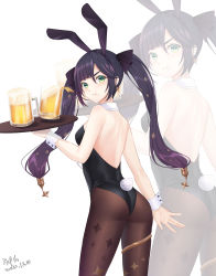 Rule 34 | 1girl, 2020, :t, absurdres, alcohol, alternate costume, animal ears, ass, backless outfit, bare back, bare shoulders, beer, black hair, black hairband, black leotard, brown pantyhose, dated, fake animal ears, fake tail, floating hair, from behind, genshin impact, green eyes, hair between eyes, hair ornament, hairband, highres, holding, holding plate, leaning forward, leotard, long hair, looking at viewer, looking back, mona (genshin impact), pantyhose, plate, playboy bunny, qi xuan, rabbit ears, rabbit tail, shoulder blades, solo, standing, strapless, strapless leotard, tail, twintails, very long hair, white background, wrist cuffs, zoom layer