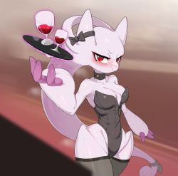 Rule 34 | 1girl, :t, absurdres, alcohol, black choker, black leotard, black ribbon, black thighhighs, blurry, blurry background, blush, breasts, choker, closed mouth, clothed pokemon, colored skin, cowboy shot, creatures (company), cup, drink, drinking glass, drunkoak, embarrassed, female focus, furry, furry female, game freak, gen 1 pokemon, half-closed eyes, hand up, head tail, highres, horn ornament, horn ribbon, horns, legendary pokemon, leotard, looking at viewer, medium breasts, mega mewtwo y, mega pokemon, mewtwo, multicolored skin, nintendo, nose blush, pink skin, playboy bunny, pokemon, pokemon (creature), pout, purple horns, purple skin, red eyes, ribbon, shiny skin, solo, standing, strapless, strapless leotard, sweat, tail, tail ornament, tail ribbon, telekinesis, thighhighs, tray, two-tone skin, wide hips, wine, wine glass