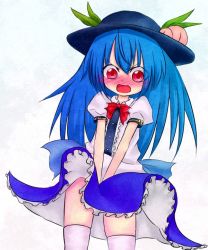 Rule 34 | 1girl, blue hair, blush, female focus, food, fruit, hat, hinanawi tenshi, peach, red eyes, solo, tatsumoto, thighhighs, touhou, traditional media, wind, wind lift