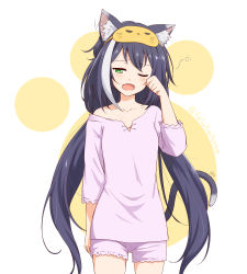 Rule 34 | 1girl, animal ear fluff, animal ears, black hair, blush, cat ears, cat tail, collarbone, fang, felutiahime, green eyes, highres, karyl (princess connect!), long hair, long sleeves, low twintails, multicolored hair, one eye closed, open mouth, pajamas, paw print, paw print background, princess connect!, princess connect!, solo, streaked hair, tail, twintails, twitter username, very long hair, white background, yawning