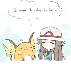 Rule 34 | 1girl, blush stickers, brown hair, closed eyes, commentary, creatures (company), deformed, game freak, gen 1 pokemon, hat, highres, kash-phia, leaf (pokemon), nintendo, pokemon, pokemon (creature), pokemon frlg, raichu, shirt, sketch, sleeveless, sleeveless shirt, thought bubble, vs seeker, white hat