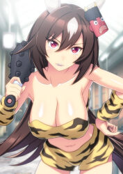 Rule 34 | 1girl, alternate costume, animal ears, animal print, armpits, bare shoulders, blurry, blurry background, breasts, brown hair, cleavage, club, club (weapon), commentary request, cowboy shot, crop top, ear covers, hair between eyes, hand on own hip, holding, holding weapon, horse ears, horse girl, horse tail, kanabou, large breasts, leaning forward, light blush, long hair, midriff, multicolored hair, navel, norizou, open mouth, red eyes, shorts, sirius symboli (umamusume), solo, streaked hair, tail, teeth, tiger print, umamusume, upper teeth only, v-shaped eyebrows, very long hair, weapon, white hair, yellow shorts