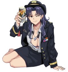 Rule 34 | 1girl, alcohol, beer, beer can, breasts, brown eyes, can, cleavage, collarbone, collared shirt, cross, cross necklace, drink can, earrings, female focus, greek cross, hat, highres, holding, holding can, jacket, jewelry, katsuragi misato, long hair, long sleeves, looking at viewer, medium breasts, military hat, military jacket, military uniform, necklace, neon genesis evangelion, one eye closed, partially unbuttoned, purple hair, shirt, simple background, smile, solo, unbuttoned, unbuttoned shirt, uniform, wani (perfect han), white background, wink