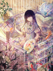 Rule 34 | 10s, 1girl, ace (playing card), ace of clubs, akemi homura, artist name, bad id, bad pixiv id, bai qi-qsr, black hair, black hairband, book, card, closed mouth, club (shape), dress, english text, fish, flying paper, frilled dress, frills, globe, goldfish, hairband, light smile, long hair, looking at viewer, mahou shoujo madoka magica, mahou shoujo madoka magica (anime), md5 mismatch, open book, paintbrush, palette (object), paper, plant, playing card, puffy short sleeves, puffy sleeves, purple eyes, short sleeves, shrimp, solo, very long hair, vines, water drop, white dress