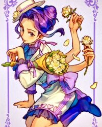 Rule 34 | 1girl, aokamei, blue hair, boots, bouquet, commentary, dress, english commentary, extra arms, eyelashes, falling petals, flower, hair bun, hana hana no mi, hat, highres, holding, holding bouquet, holding flower, looking at viewer, neck ribbon, nico robin, one piece, petals, purple hair, ribbon, sitting, solo