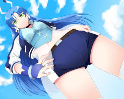 Rule 34 | 1girl, bad id, bad pixiv id, battle spirits, battle spirits: burning soul, blue hair, choker, cloud, day, dutch angle, foreshortening, from below, green eyes, gunjou souun, hair tubes, hands on own hips, jroouch, long hair, looking at viewer, midriff, short shorts, shorts, sky, solo, thighhighs, very long hair, white thighhighs