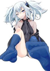 Rule 34 | 1girl, absurdres, bare shoulders, blue hair, blue thighhighs, bodysuit, breasts, choker, covered erect nipples, feet, foot focus, girls&#039; frontline, heart, heart-shaped pupils, highres, jacket, kuzumotsu, light blue hair, o-ring, o-ring choker, off shoulder, pa-15 (girls&#039; frontline), sideboob, sitting, symbol-shaped pupils, thighhighs, twintails, white background