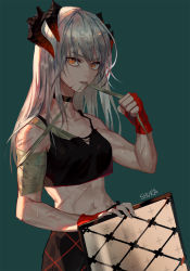 Rule 34 | 1girl, arknights, artist name, bandaged arm, bandages, black choker, black skirt, breasts, choker, commentary request, crop top, fingerless gloves, gloves, green background, hand up, highres, horns, korean commentary, long hair, looking at viewer, midriff, mouth hold, navel, orange eyes, parted lips, red gloves, saria (arknights), shura (shu o0o), silver hair, simple background, skirt, small breasts, solo, stomach, teeth hold, upper body