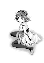 Rule 34 | 10s, 1girl, bomber grape, detached sleeves, greyscale, hairband, hiei (kancolle), highres, kantai collection, looking at viewer, monochrome, nontraditional miko, pantyhose, plaid, plaid skirt, short hair, sitting, skirt, smile, solo, thighhighs