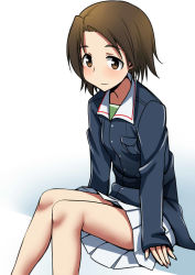 Rule 34 | 10s, 1girl, bad id, bad pixiv id, blue jacket, brown eyes, brown hair, commentary request, girls und panzer, jacket, knees together feet apart, legs together, looking at viewer, parted bangs, pleated skirt, sawa azusa, school uniform, shadow, short hair, simple background, sitting, skirt, sleeves past wrists, smile, solo, thighhighs, thighs, white skirt, yoiyoi (kannkann100)