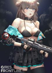 Rule 34 | 1girl, aac honey badger, absurdres, advanced armament corporation, assault rifle, badge, bandaid, bandaid on face, bandaid on nose, bikini, bikini top only, bikini under clothes, black bikini, black choker, black gloves, black skirt, black thighhighs, breasts, brown jacket, button badge, carbine, choker, cleavage, collarbone, commission, copyright name, cowboy shot, double bun, fingerless gloves, girls&#039; frontline, gloves, grey hair, gun, hair bun, hani haya, highres, holding, holding gun, holding weapon, honey badger (girls&#039; frontline), integrally-suppressed firearm, jacket, large breasts, long hair, long sleeves, looking at viewer, miniskirt, off shoulder, open clothes, open jacket, open mouth, personal defense weapon, pixiv commission, pleated skirt, purple eyes, q (firearms company), rifle, skirt, smiley face, solo, swimsuit, thighhighs, weapon, zettai ryouiki