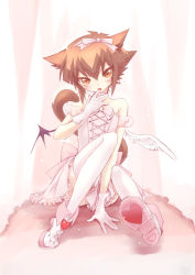 Rule 34 | animal ears, bad id, bad pixiv id, bat wings, boots, bow, brown eyes, brown hair, cat ears, cat tail, cross-laced footwear, crossdressing, full body, gloves, goni hane, heart, lace-up boots, low wings, male focus, sitting, solo, tail, thighhighs, trap, wings, yu-gi-oh!, yu-gi-oh! gx, yuuki juudai