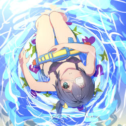 Rule 34 | 1girl, bare legs, bare shoulders, bikini, blush, breasts, chuunibyou demo koi ga shitai!, cleavage, closed mouth, commentary request, eyepatch, frilled bikini, frills, from above, green eyes, hair ribbon, holding, innertube, light frown, looking at viewer, looking up, medical eyepatch, official alternate costume, one side up, ribbon, shikkoku no hono mikado, short hair, small breasts, soaking feet, solo, swim ring, swimsuit, takanashi rikka, water, water gun, wet