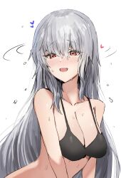 Rule 34 | 1girl, :d, arknights, bare arms, bare shoulders, bikini, black bikini, breasts, cleavage, collarbone, commentary request, grey background, grey hair, heart, highres, horn/wood, large breasts, long hair, looking at viewer, motion lines, open mouth, red eyes, sharp teeth, simple background, smile, solo, specter (arknights), swimsuit, teeth, upper body, upper teeth only, very long hair, wet
