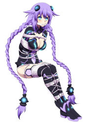 Rule 34 | 10s, 1girl, 2014, angry, aqua eyes, arms behind back, bad id, bad pixiv id, bdsm, blue eyes, blush, bodysuit, bondage, bound, bound arms, bound legs, braid, breast bondage, breasts, cleavage, cleavage cutout, cleave gag, cloth gag, clothing cutout, covered navel, dated, from side, full body, gag, gagged, hair ornament, headgear, highres, improvised gag, large breasts, leaning forward, leotard, long hair, looking at viewer, magical girl, neon trim, neptune (neptunia), neptune (series), power symbol, power symbol-shaped pupils, purple hair, purple heart (neptunia), rope, signature, sitting, solo, stormcow, symbol-shaped pupils, thighhighs, turtleneck, twin braids, very long hair, white background