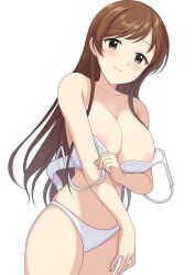 Rule 34 | 1girl, areola slip, bare shoulders, bra, bra pull, breasts, brown eyes, brown hair, cleavage, closed mouth, clothes pull, cowboy shot, crotch seam, idolmaster, idolmaster cinderella girls, large breasts, light blush, light smile, long hair, looking at viewer, navel, nitta minami, open bra, panties, perapera, simple background, solo, standing, underwear, underwear only, undressing, unfastened, white background, white bra, white panties