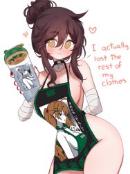 Rule 34 | 1girl, absurdres, ad, apron, bandaged arm, bandages, bare shoulders, blush, breasts, brown hair, choker, cleavage, cup, english text, hair between eyes, hair up, highres, holding, holding cup, large breasts, long hair, looking at viewer, naked apron, original, simple background, sky above me, smile, solo, thighs, very long hair, white background