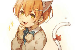 Rule 34 | 1girl, :3, :d, animal ears, bad id, bad pixiv id, blue neckwear, bow, bowtie, cat ears, cat tail, clenched hands, fang, green eyes, hair between eyes, hair ornament, hairpin, hand to own mouth, hands up, hoshizora rin, hotechige, long sleeves, looking at viewer, love live!, love live! school idol project, open mouth, orange hair, pink bow, short hair, simple background, smile, solo, sparkle, star (symbol), star hair ornament, striped bow, striped bowtie, striped clothes, striped neckwear, tail, tail bow, tail ornament, upper body, v-shaped eyebrows, white background