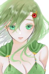 Rule 34 | 1girl, breasts, cleavage, closed mouth, eye focus, final fantasy, final fantasy iv, green eyes, green hair, highres, kumo sid, large breasts, long hair, medium breasts, rydia (ff4), simple background, solo, white background
