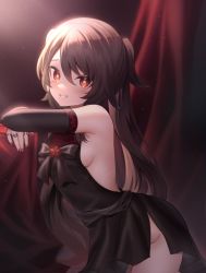 Rule 34 | 1girl, bare shoulders, black dress, black gloves, black hair, blush, bow, breasts, cowboy shot, dress, elbow gloves, from side, genshin impact, gloves, grin, hair between eyes, heart, heart-shaped pupils, highres, hu tao (genshin impact), jewelry, leaning, leaning forward, leaning on object, long hair, nail polish, neit ni sei, no bra, no panties, parted lips, red eyes, ribs, ring, sideboob, smile, solo, symbol-shaped pupils, teeth, twintails