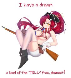 Rule 34 | 1girl, american flag bikini, bikini, bikini top only, blush, breasts, cleavage, flag print, gloves, gun, hat, high ponytail, highres, holding, holding gun, holding weapon, jewelry, long hair, looking at viewer, musket, necklace, open mouth, red hair, rifle, scarf, shoes, shorts, solo, soveno, swimsuit, tengen toppa gurren lagann, thighhighs, weapon, what, white background, white gloves, white shorts, yellow eyes, yoko littner
