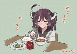 Rule 34 | 1girl, ^ ^, ahoge, blush, bowl, brown hair, closed eyes, closed mouth, dated, facing viewer, food, food request, green background, hair between eyes, headgear, holding, holding spoon, japanese clothes, kimono, lamb (hitsujiniku), long sleeves, obi, plate, rice, rice bowl, sash, solo, spoon, table, touhoku kiritan, translation request, twintails, voiceroid, white kimono, wide sleeves