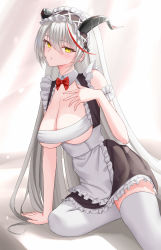 Rule 34 | 1girl, :o, aegir (azur lane), alternate costume, arm up, azur lane, bow, bowtie, breasts, cleavage, demon horns, feet out of frame, highres, horns, large breasts, light blush, long hair, looking at viewer, maid, maid headdress, multicolored hair, naga (pixiv70891418), open mouth, red bow, red bowtie, simple background, sitting, solo, streaked hair, thighhighs, white hair, white thighhighs, yellow eyes