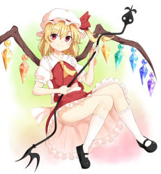 Rule 34 | 1girl, ascot, blonde hair, boushi (nandemo), flandre scarlet, hat, hat ribbon, laevatein, looking at viewer, mary janes, mob cap, nandemo118, red eyes, ribbon, shirt, shoes, side ponytail, skirt, skirt set, smile, solo, touhou, upskirt, vest, wings
