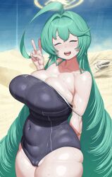 Rule 34 | ahoge, aqua hair, arm behind back, bare shoulders, blue archive, blush, breasts, cameltoe, cleavage, closed eyes, collarbone, covered navel, curvy, desert, halo, highres, huge ahoge, huge breasts, long hair, maruko tooto, navel, one-piece swimsuit, open mouth, outdoors, plump, smile, strap slip, sweat, swimsuit, undersized clothes, v, very long hair, yellow halo, yume (blue archive)