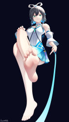 Rule 34 | 1girl, absurdres, artist request, barefoot, copyright request, crossed legs, feet, green eyes, hand on own knee, highres, leash, long hair, looking at viewer, luo tianyi, parted lips, sitting, smile, soles, source request, toes