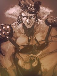 Rule 34 | 1boy, armor, bad id, bad pixiv id, battle tendency, breastplate, chocoblood, curly hair, earrings, esidisi, facial mark, hat, highres, jewelry, jojo no kimyou na bouken, male focus, nose piercing, nose ring, piercing, pincushion, sepia, shoulder pads, solo, suspenders, tattoo