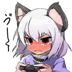 Rule 34 | 1girl, angry, animal ears, blush, controller, face, female focus, frown, full-face blush, game console, game controller, gamepad, grey hair, highres, mouse ears, nazrin, playing games, playstation 3, shamo (koumakantv), solo, tears, touhou, wavy mouth