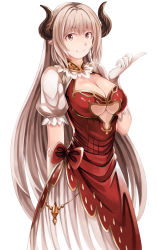 Rule 34 | 1girl, alicia (granblue fantasy), beisaku bei, blush, breasts, cleavage, draph, dress, earrings, gloves, granblue fantasy, highres, horns, jewelry, large breasts, long hair, looking at viewer, pointy ears, red eyes, silver hair, simple background, smile, solo, white background, white gloves