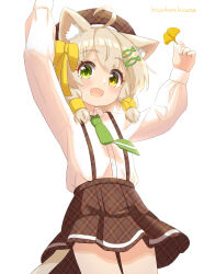 Rule 34 | 1girl, absurdres, ahoge, animal ear fluff, animal ears, arms up, artist name, beret, blush, bow, brown hat, brown skirt, buttons, cat ears, cat girl, cat tail, collared shirt, cowboy shot, fang, female focus, fish hair ornament, flat chest, green eyes, green necktie, hair bow, hair ornament, hairclip, happy, hat, hazakura hinata, heterochromia, highres, holding, holding leaf, leaf, long sleeves, looking at viewer, miniskirt, necktie, open mouth, original, plaid, plaid headwear, plaid skirt, pleated skirt, school uniform, shirt, shirt tucked in, sidelocks, signature, simple background, skin fang, skirt, smile, solo, standing, suspender skirt, suspenders, tail, thighs, white background, white shirt, yellow bow, yellow eyes