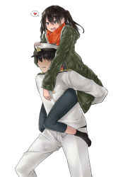Rule 34 | 1boy, 1girl, :d, admiral (kancolle), alternate costume, arms behind back, black hair, black leggings, brown eyes, brown hair, carrying, carrying person, casual, chinese commentary, clenched teeth, coat, commentary, epaulettes, faceless, faceless male, feet out of frame, full body, green coat, grimace, hair between eyes, hair over eyes, hand on another&#039;s chest, hand on another&#039;s head, hat, heart, highres, jacket, jewelry, kantai collection, kuroinu9, leggings, looking ahead, medium hair, military, military uniform, no entry sign, official alternate costume, open clothes, open coat, open mouth, orange scarf, pants, peaked cap, piggyback, ring, road sign, round teeth, scarf, sendai (kancolle), sign, simple background, skindentation, smile, socks, speech bubble, spoken heart, straddling, sweat, sweatdrop, teeth, two side up, uniform, upper teeth only, wedding band, white background, white jacket, white pants