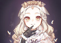 Rule 34 | 1girl, absurdres, black gloves, blonde hair, blush, bracelet, bug, butterfly, curly hair, dress, finger to mouth, flower, flower (symbol), gloves, hair flower, hair ornament, highres, hiroyi (mei), identity v, insect, jewelry, long hair, looking at viewer, memory (identity v), memory (source of evil) (identity v), parted bangs, purple background, rose, simple background, smile, solo, straight-on, upper body, veil, white dress, yellow eyes, yellow flower, yellow rose