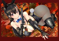 Rule 34 | 1girl, animal ears, animal print, arm support, black footwear, black gloves, black hair, black leotard, black thighhighs, blue bow, blue bowtie, bow, bowtie, breasts, cleavage, closed mouth, collar, commentary, fake animal ears, fake tail, fingerless gloves, fishnet pantyhose, fishnets, floral background, gloves, grey pantyhose, gun, hair ornament, hairclip, halterneck, handgun, high heels, highleg, highleg leotard, highres, holding, holding gun, holding weapon, kneeling, large breasts, leaning forward, leotard, long hair, looking at viewer, original, outside border, pantyhose, playboy bunny, print gloves, print thighhighs, purple eyes, rabbit ears, rabbit tail, revolver, smile, solo, tail, thighhighs, tiger print, tokihama jirou, weapon, white collar, wing collar