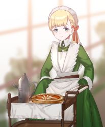 Rule 34 | 1girl, apron, blonde hair, blue eyes, blurry, blurry background, blush, buttons, day, dress, food, green dress, hair ribbon, indoors, kantai collection, kirihota, light smile, long hair, long sleeves, looking at viewer, maid, maid apron, maid headdress, pie, plate, ponytail, ribbon, serving cart, shin&#039;you (kancolle), skirt hold, smile, solo, teapot, window