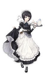 Rule 34 | 1girl, black footwear, black hair, blue eyes, breasts, cup, full body, hair ornament, hat, highres, holding, holding tray, josie rosebud, maid, maid cap, medium breasts, mob cap, mole, mole under eye, official art, pocket watch, princess principal, princess principal game of mission, saucer, shoes, skirt hold, smile, solo, teacup, teapot, transparent background, tray, watch, white legwear