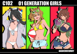 Rule 34 | 3girls, agnes tachyon (lunatic lab) (umamusume), agnes tachyon (umamusume), ahoge, animal ears, ball, bare shoulders, beachball, bikini, black bikini, black border, black gloves, black hair, border, breasts, brown hair, cleavage, comiket 102, commentary request, cowboy shot, criss-cross halter, ear ornament, earrings, flask, flower, front-tie bikini top, front-tie top, gloves, green background, green jacket, grey jacket, hair between eyes, hair ornament, hair over one eye, hairclip, halterneck, hands on own hips, hibiscus, highres, holding, holding flask, hood, hood down, hoodie, horse ears, horse girl, horse tail, jacket, jewelry, jungle pocket (tobasuze hot summer!) (umamusume), jungle pocket (umamusume), kii-kun (agnes tachyon) (umamusume), long hair, looking at viewer, manhattan cafe (the bubbles that i see with you) (umamusume), manhattan cafe (tobasuze hot summer!) (umamusume), manhattan cafe (umamusume), medium breasts, multicolored hair, multiple girls, navel, notched ear, official alternate costume, one eye closed, open clothes, open fly, open hoodie, open jacket, red background, red eyes, short hair, single earring, single glove, sleeves rolled up, small breasts, streaked hair, swimsuit, tail, test tube, thigh strap, tied jacket, umamusume, white bikini, white hair, white headwear, yellow background, yellow bikini, yellow eyes, yoino iyo