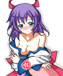 Rule 34 | 1girl, blush, breast rest, breasts, bunny1219, cleavage, crossed arms, green eyes, highres, japanese clothes, kimono, purple hair, short hair, sister quest, solo, stella (sister quest), white background