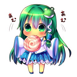 Rule 34 | 1girl, :3, candy, chibi, chocolat (momoiro piano), detached sleeves, frilled skirt, frills, frog hair ornament, green eyes, green hair, hair ornament, highres, kochiya sanae, lollipop, long hair, looking at viewer, matching hair/eyes, mouth hold, skirt, snake hair ornament, solo, text focus, touhou, translation request