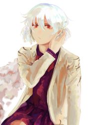 Rule 34 | 1girl, :/, absurdres, adjusting hair, beige jacket, bow, bowtie, closed mouth, dress, feathered wings, hair between eyes, hand up, highres, jacket, kishin sagume, looking at viewer, open clothes, open jacket, purple dress, red bow, red bowtie, red eyes, short hair, simple background, single wing, solo, totopepe888, touhou, upper body, white background, white hair, white wings, wings