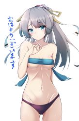 Rule 34 | 1girl, absurdres, alternate hair color, aqua eyes, blue ribbon, breasts, commentary request, cowboy shot, gluteal fold, grey hair, hair ribbon, highres, honma (honmatomohiro), kantai collection, kazagumo (kancolle), long hair, looking at viewer, panties, ponytail, purple panties, ribbon, simple background, small breasts, solo, standing, translation request, underwear, underwear only, white background