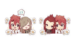 Rule 34 | 1girl, 2boys, absurdres, asch (tales), brown hair, chibi, closed mouth, flower, green eyes, hair over one eye, highres, hitsujinu, long hair, looking at another, luke fon fabre, multiple boys, music, open mouth, red hair, short hair, singing, tales of (series), tales of the abyss, tear grants, white background