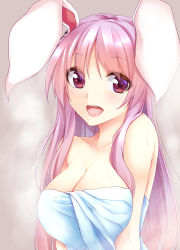 Rule 34 | 1girl, animal ears, bad id, bad pixiv id, breasts, cleavage, collarbone, commentary request, hisae (hisae collect), large breasts, long hair, looking at viewer, naked towel, open mouth, purple hair, rabbit ears, red eyes, reisen udongein inaba, simple background, solo, steam, touhou, towel, upper body, wet, wet hair, white towel
